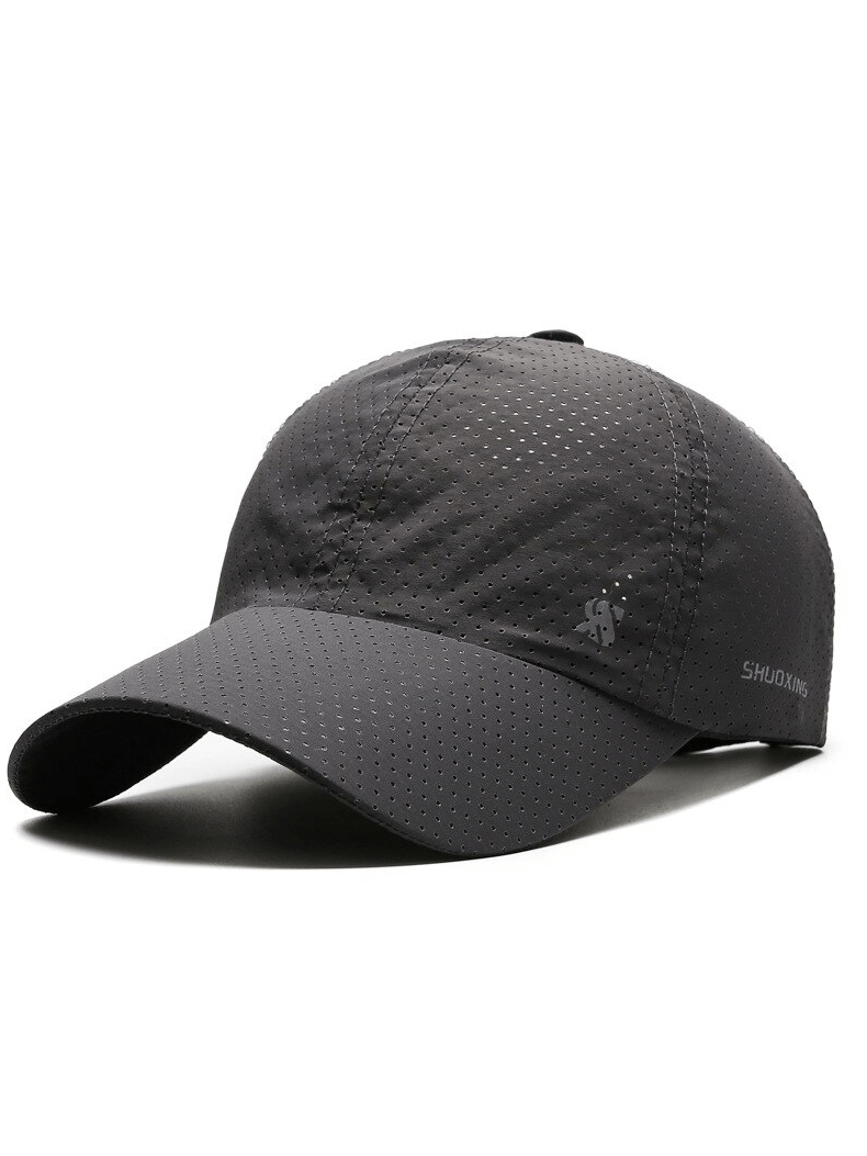 Solid color breathable mesh baseball cap for outdoor sports, featuring adjustable strap and sun visor, unisex design, in dark gray.